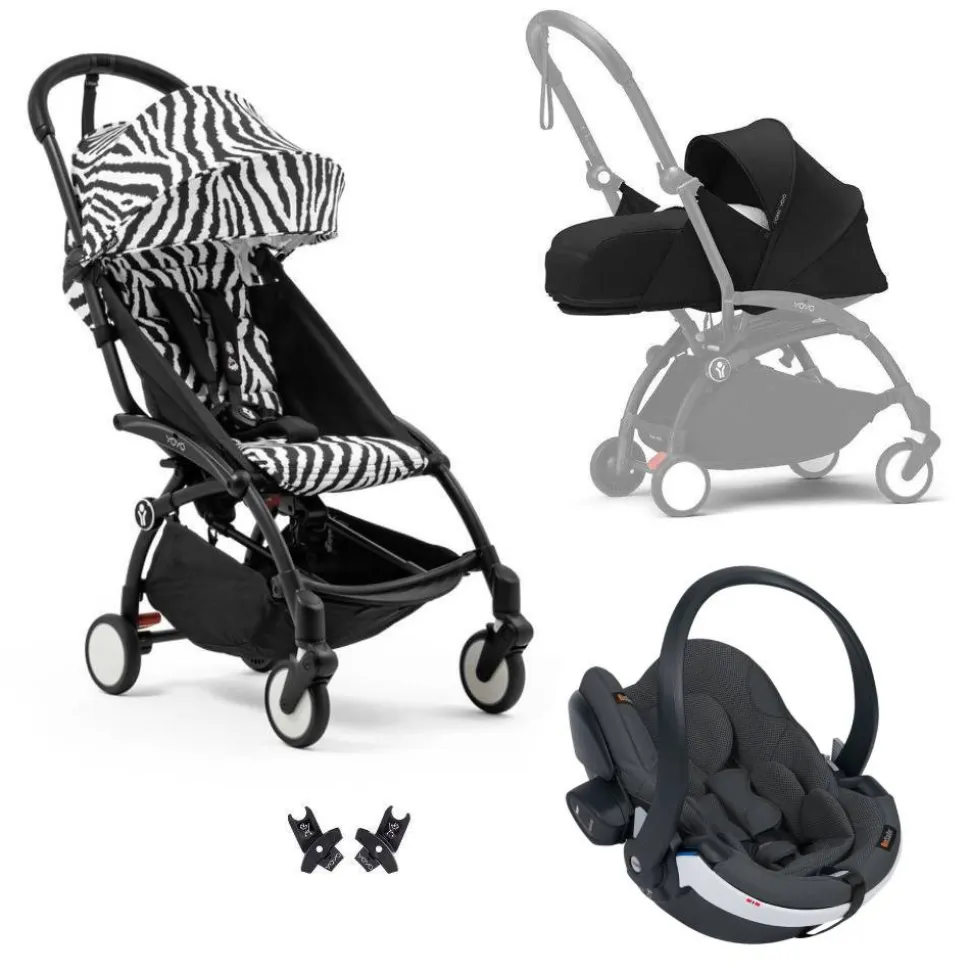 Poussette trio yoyo 3 - châssis noir pack 0+ & 6+ zebra / noir + siège auto izi go modular x2 by besafe