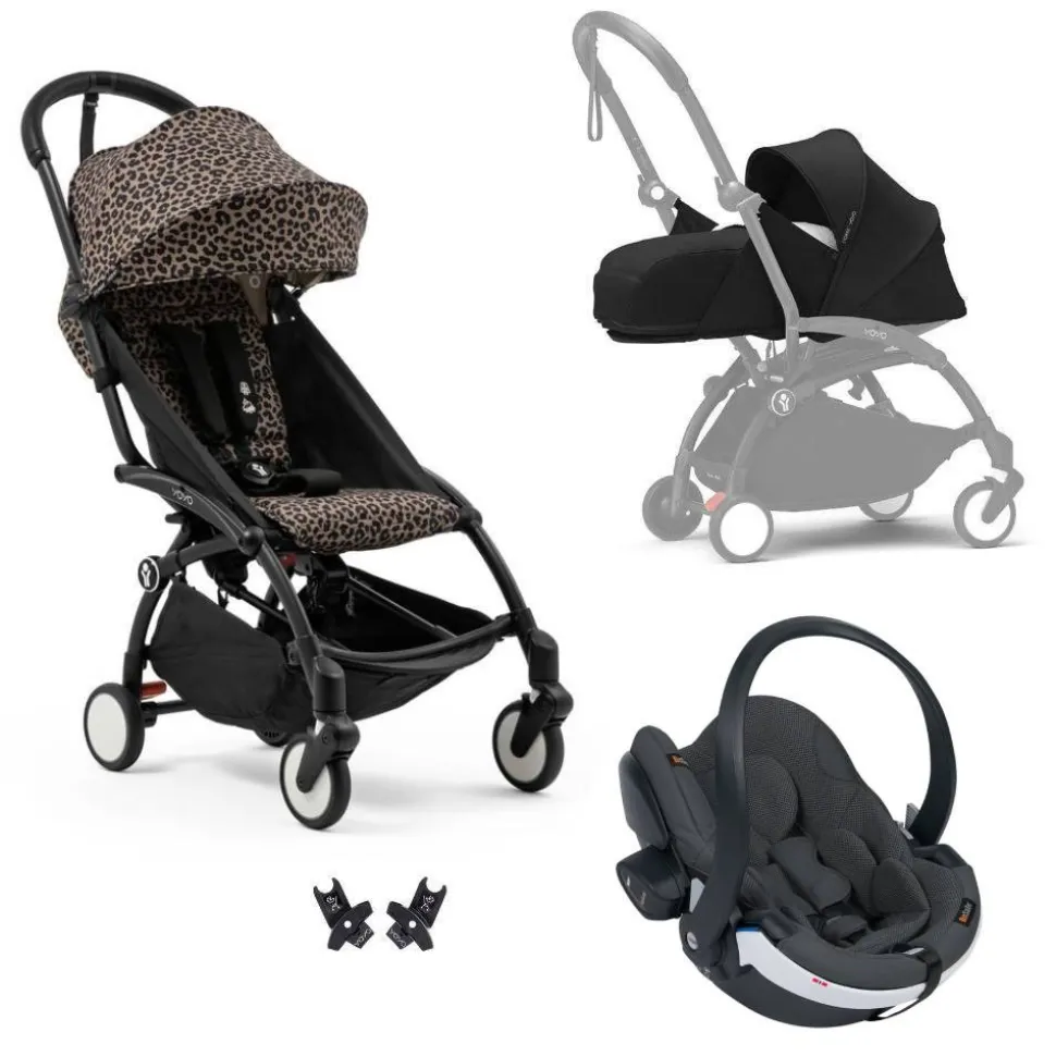 Poussette trio yoyo 3 - châssis noir pack 0+ & 6+ léopard / noir + siège auto izi go modular x2 by besafe