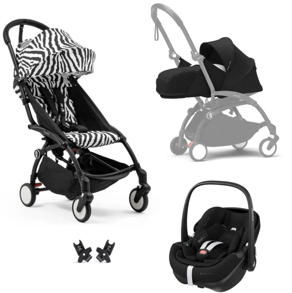 Poussette trio yoyo 3 pack 0+ & 6+ et siège auto pebble 360 pro² black - châssis noir - zebra / noir