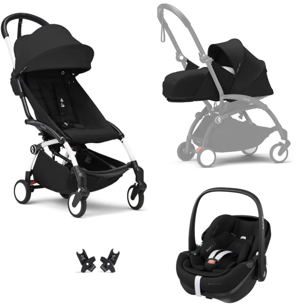 Poussette trio yoyo 3 pack 0+ et 6+ + siège auto pebble 360 pro² black - châssis blanc - noir