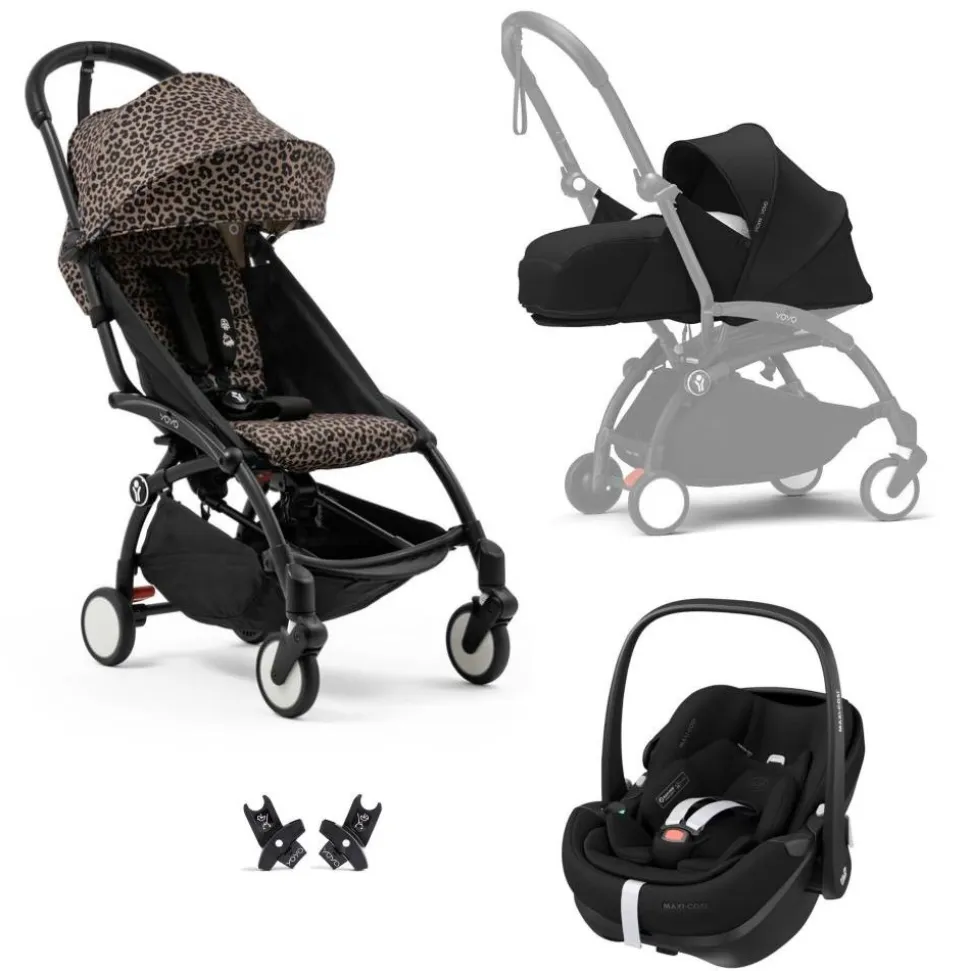 Poussette trio yoyo 3 pack 0+ & 6+ et siège auto aton b2 black - châssis noir - zebra / noir