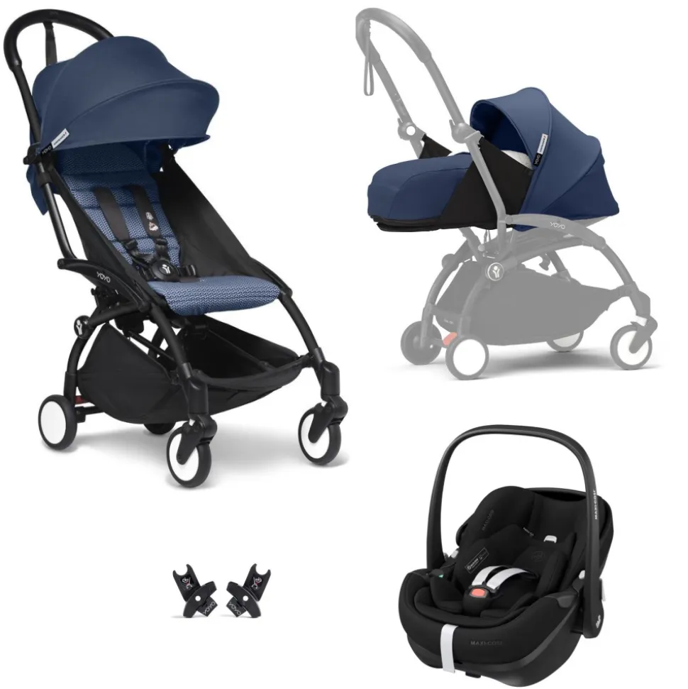 Poussette trio yoyo 3 pack 0+ & 6+ et siège auto pebble 360 pro² black - châssis noir - bleu air france