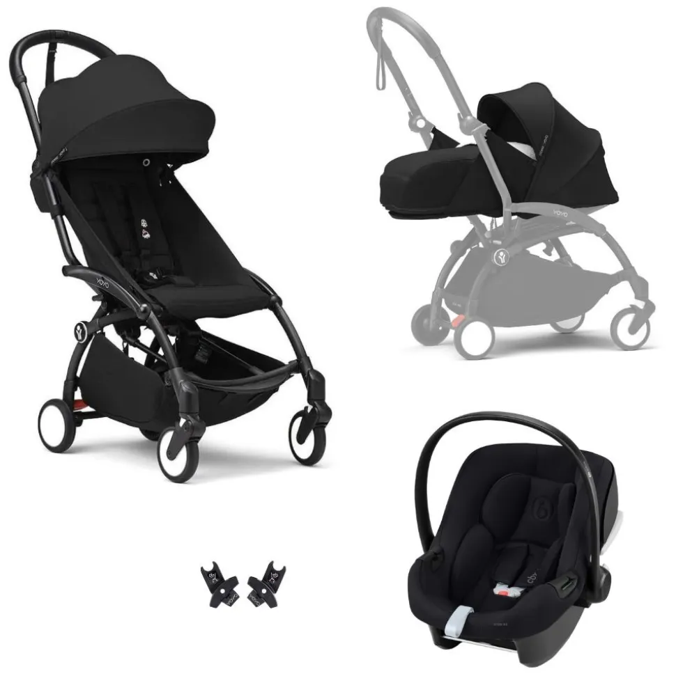 Poussette trio yoyo 3 pack 0+ & 6+ et siège auto aton b2 black - châssis noir - noir