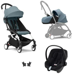Poussette trio yoyo 3 pack 0+ & 6+ et siège auto aton b2 black - châssis blanc - aqua