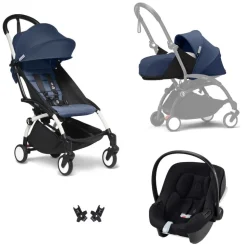 Poussette trio yoyo 3 pack 0+ & 6+ et siège auto aton b2 black - châssis blanc - bleu air france