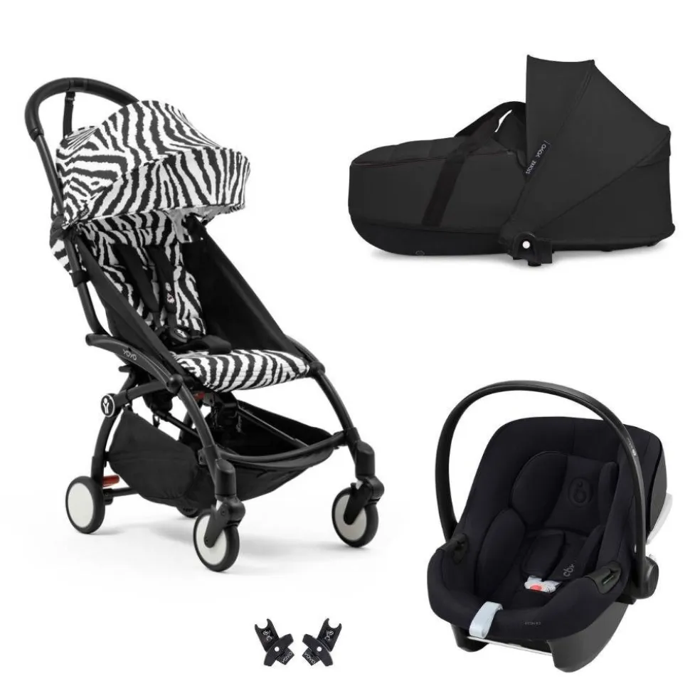 Poussette trio yoyo 3 pack 6+ et siège auto aton b2 black + nacelle yoyo - chassis noir - zebra / noir