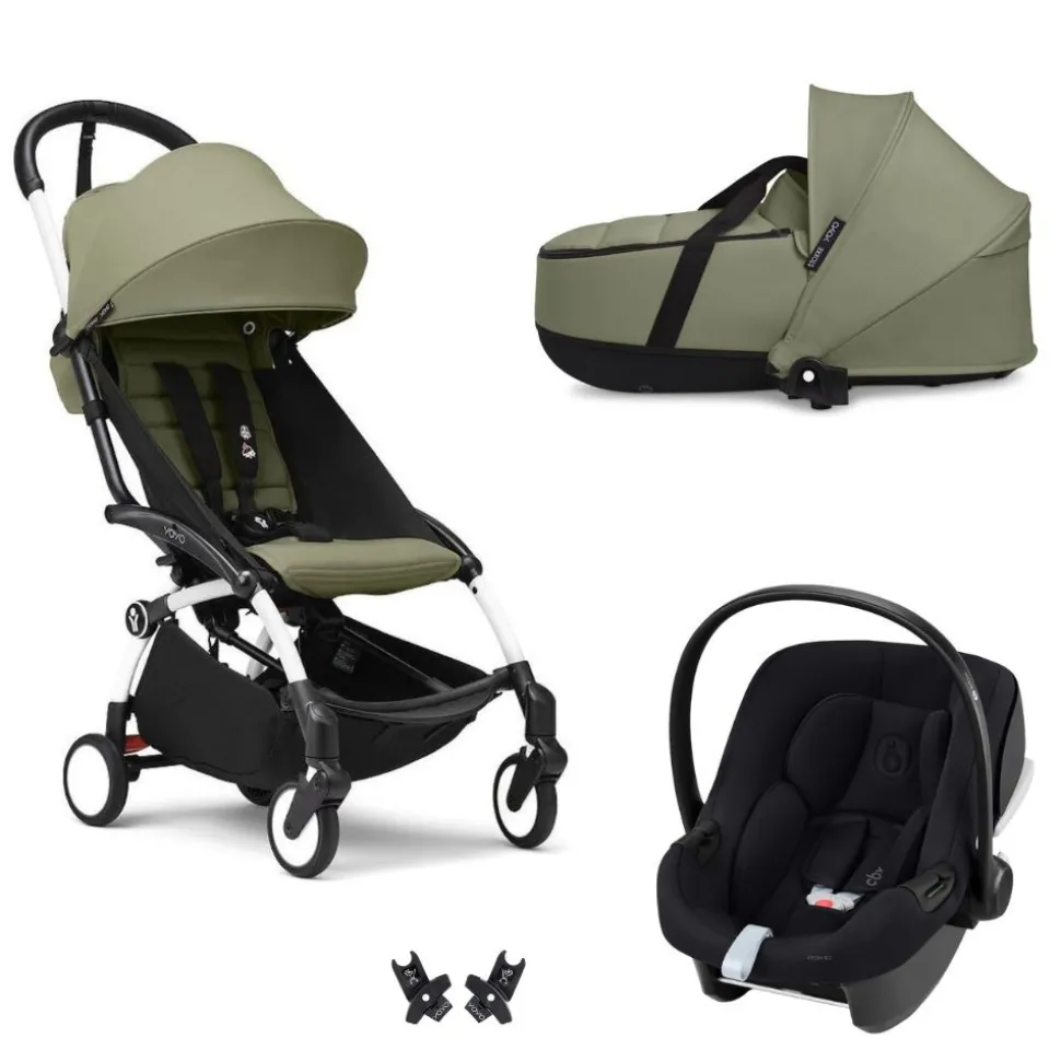 Poussette trio yoyo 3 pack 6+ et siège auto aton b2 black + nacelle yoyo - chassis blanc - olive