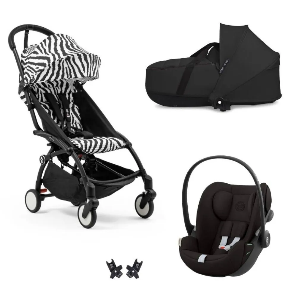 Poussette trio yoyo 3 pack 6+ et siège auto cloud g3 black + nacelle yoyo - chassis noir - zebra / noir