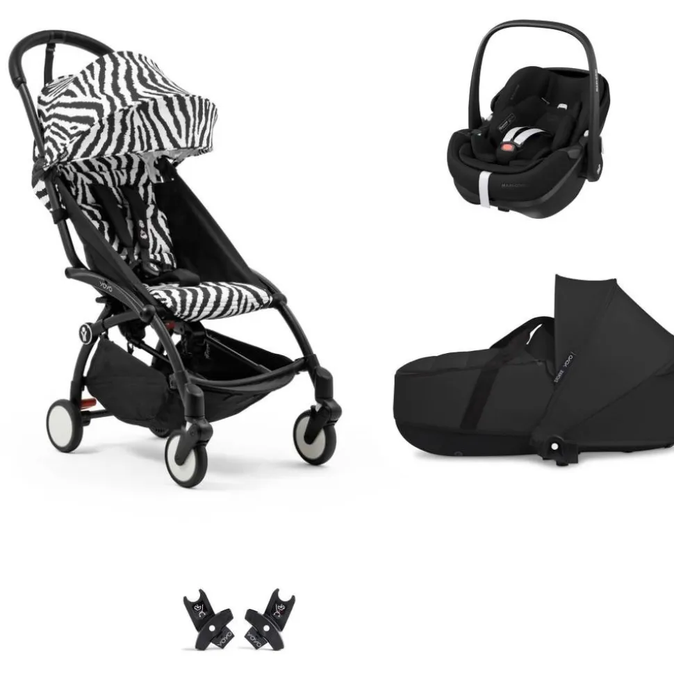 Poussette trio yoyo 3 pack 6+ et siège auto pebble 360 pro² + nacelle yoyo - chassis noir - zebra / noir