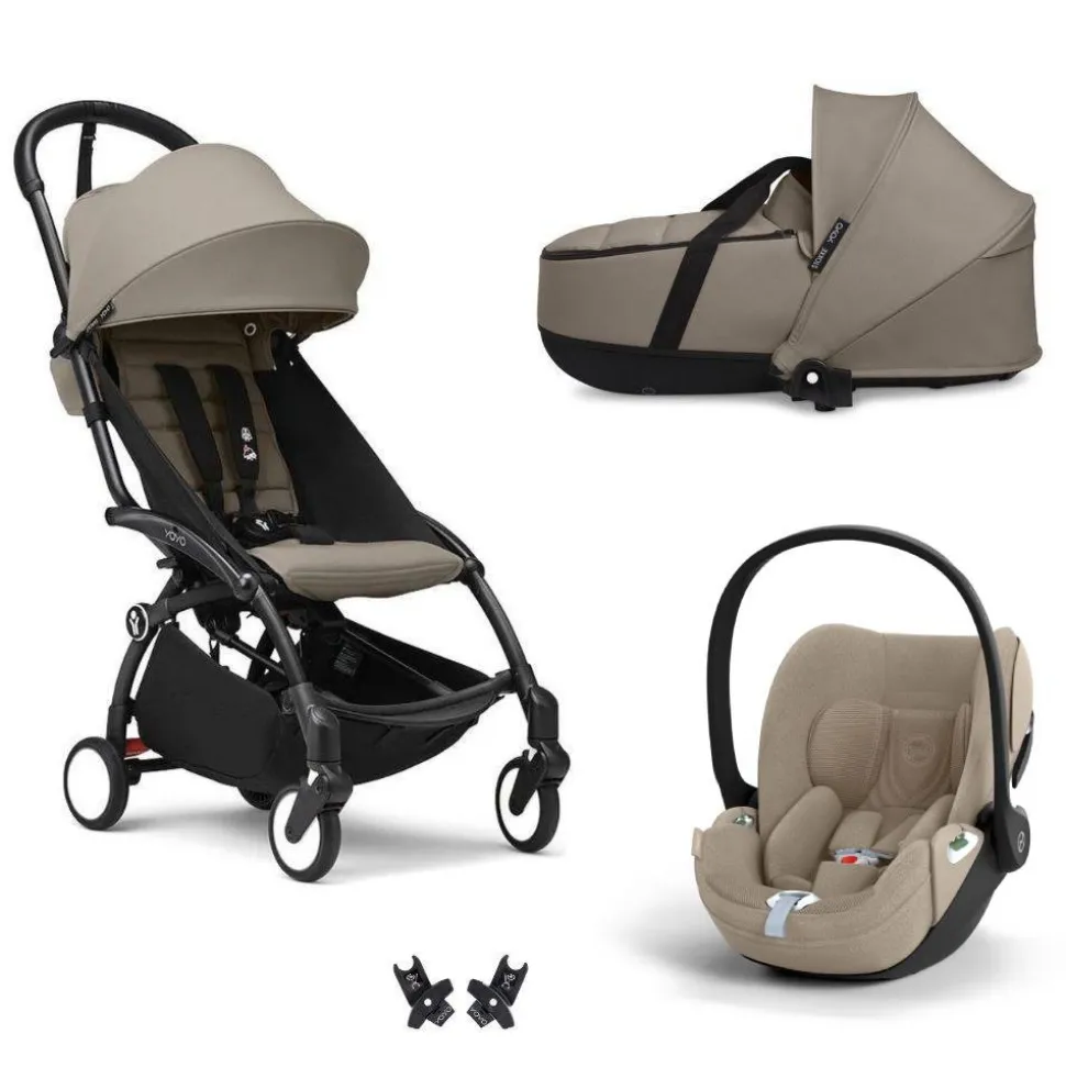 Poussette trio yoyo 3 pack 6+ + siège auto cloud t plus beige + nacelle yoyo - châssis noir - taupe