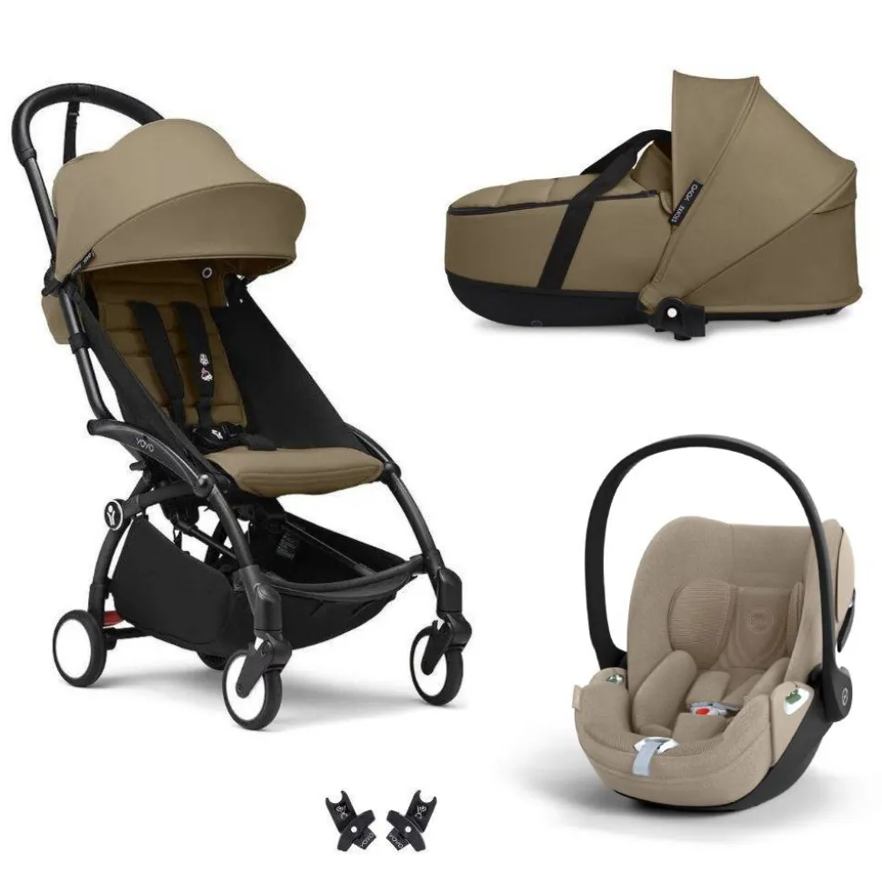 Poussette trio yoyo 3 pack 6+ + siège auto cloud t plus beige + nacelle yoyo - châssis noir - toffee