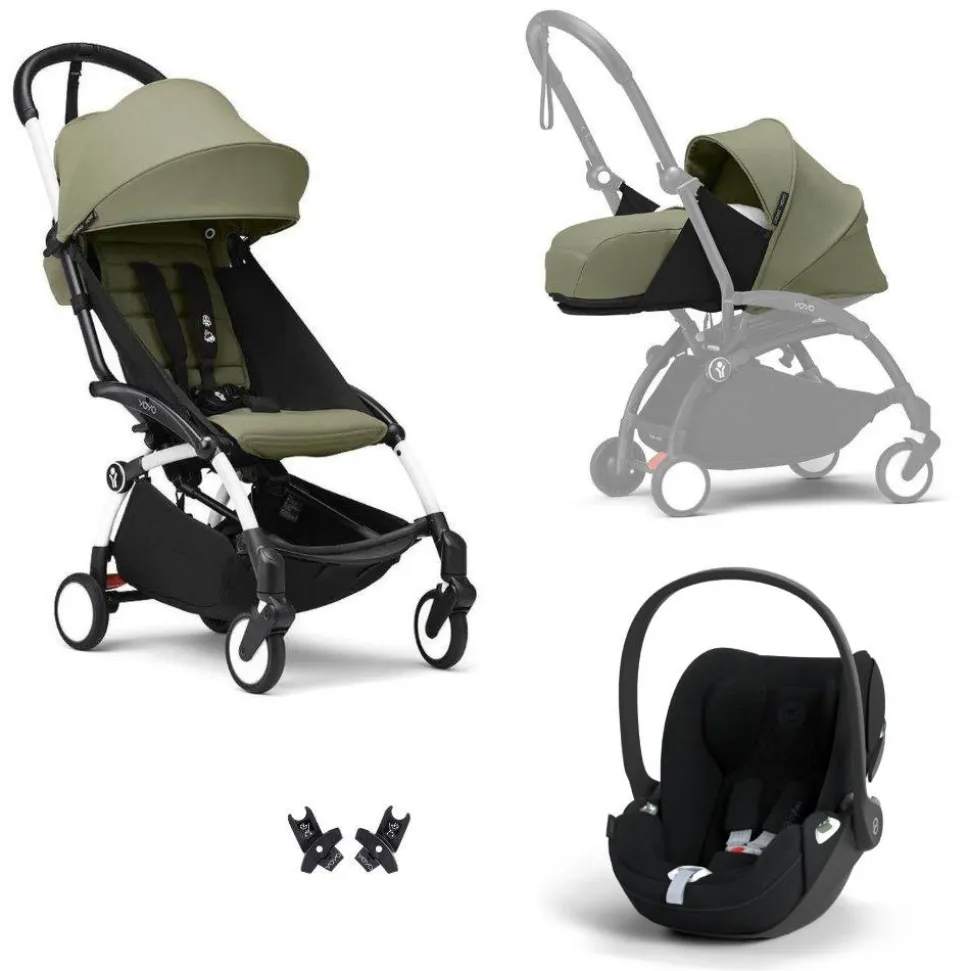 Poussette trio yoyo 3 pack 0+ & 6+ + siège auto cloud t plus black - châssis blanc - olive