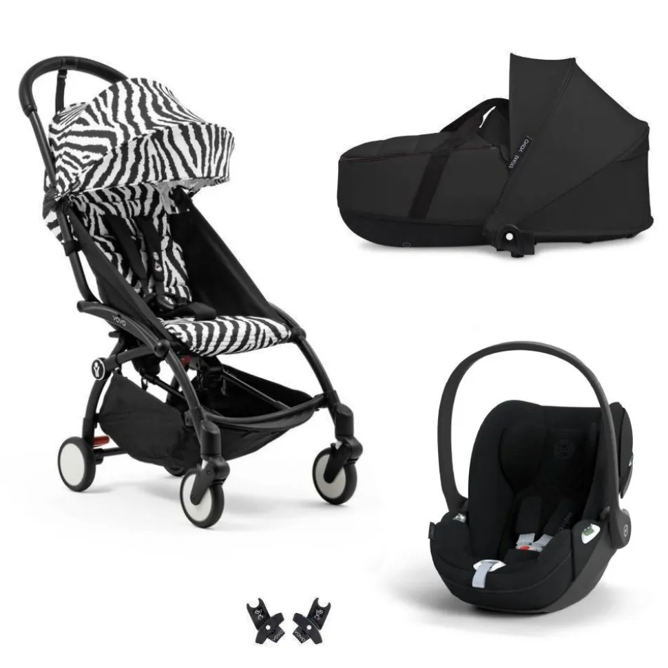 Poussette trio yoyo 3 pack 6+ + siège auto cloud t plus black + nacelle yoyo - châssis noir - zebra / noir