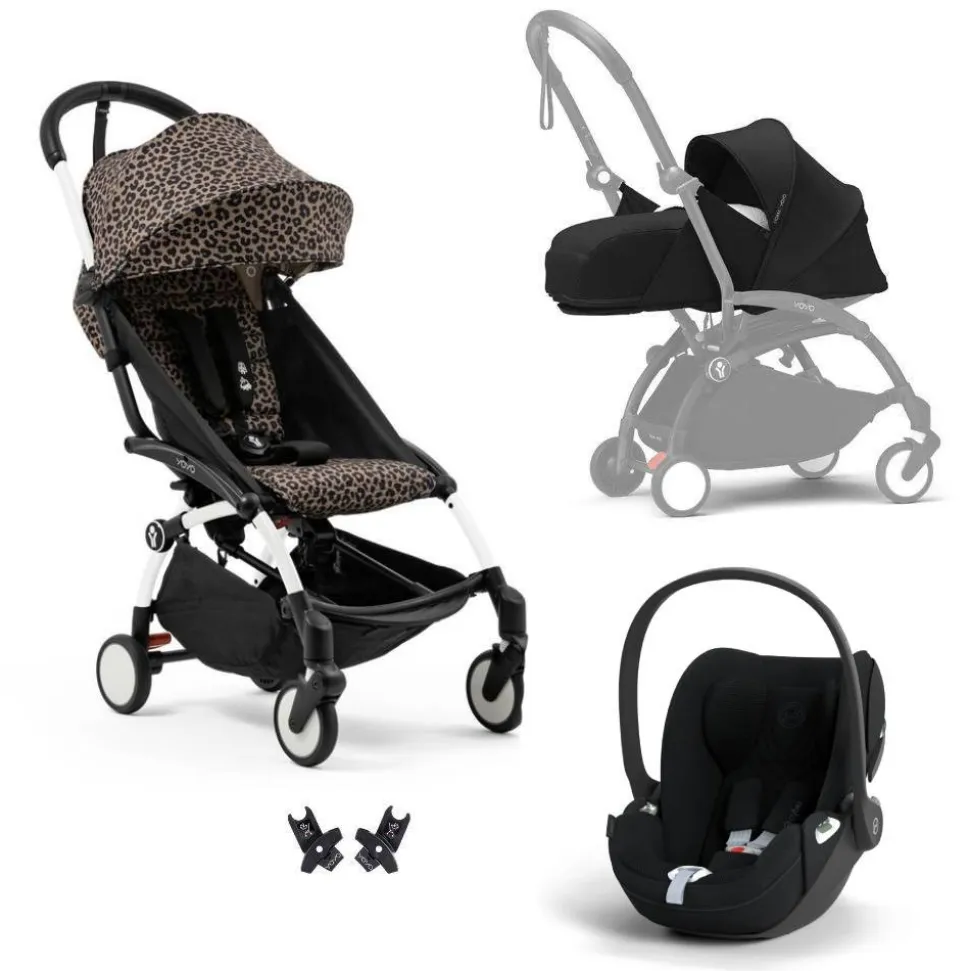 Poussette trio yoyo 3 pack 0+ & 6+ + siège auto cloud t plus black - châssis blanc - léopard / noir