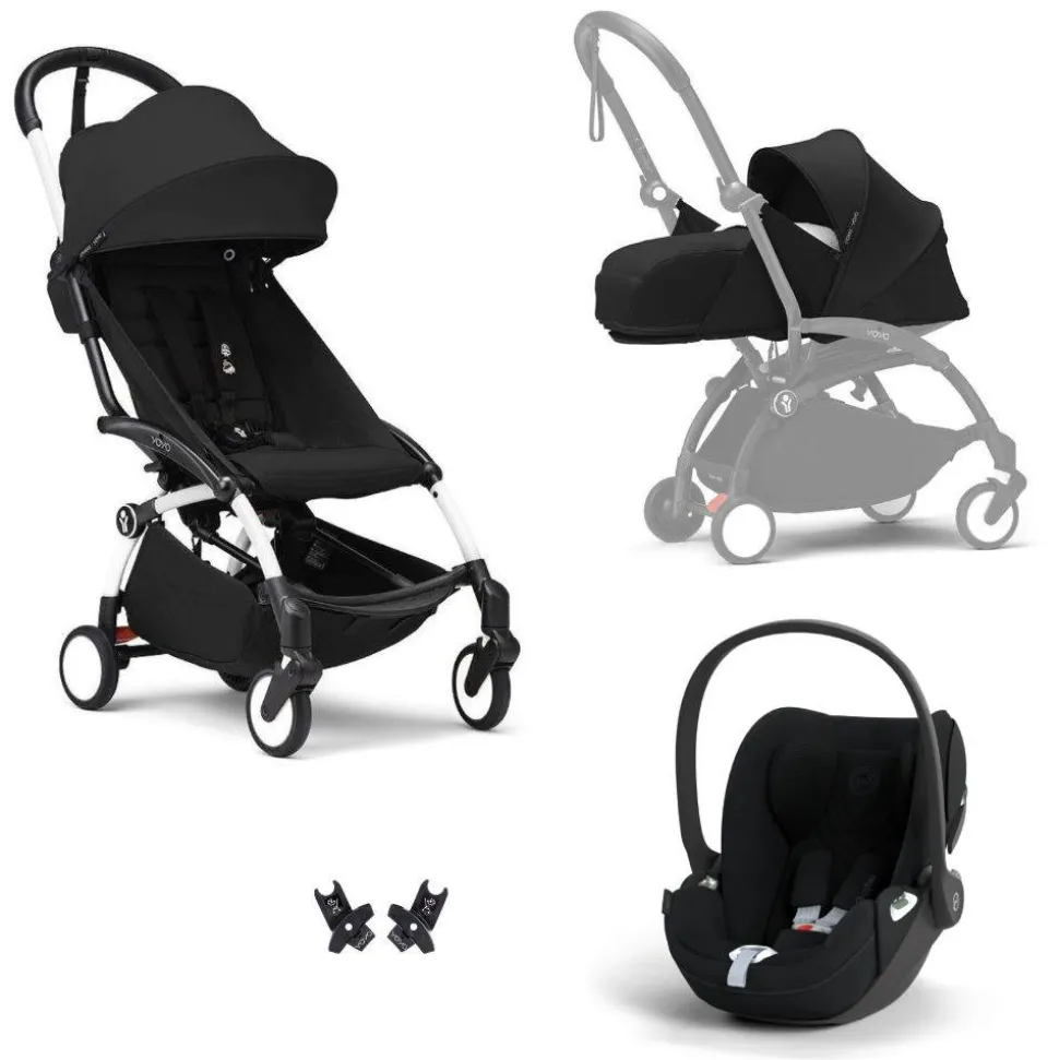 Poussette trio yoyo 3 pack 0+ & 6+ + siège auto cloud t plus black - châssis blanc - noir