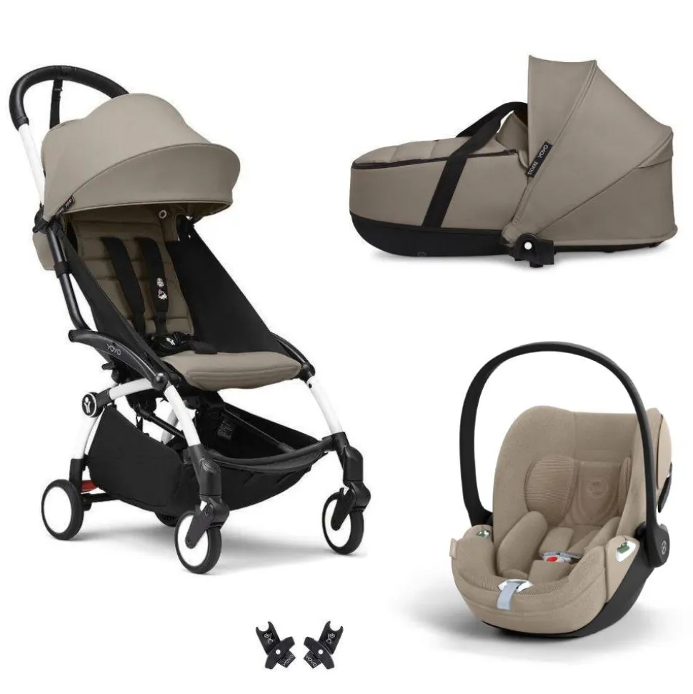 Poussette trio yoyo 3 pack 6+ + siège auto cloud t plus beige + nacelle yoyo - châssis blanc - taupe