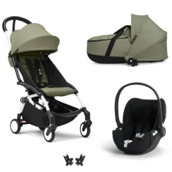 Poussette trio yoyo 3 pack 6+ + siège auto cloud t plus black + nacelle yoyo - châssis blanc - olive