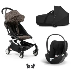 Poussette trio yoyo 3 + siège auto cloud t black + nacelle - châssis blanc - léopard / noir