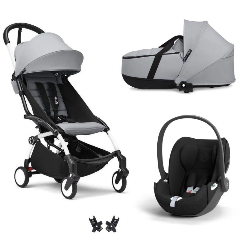 Poussette trio yoyo 3 + siège auto cloud t black + nacelle - châssis blanc - stone