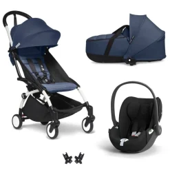 Poussette trio yoyo 3 + siège auto cloud t black + nacelle - châssis blanc - bleu air france