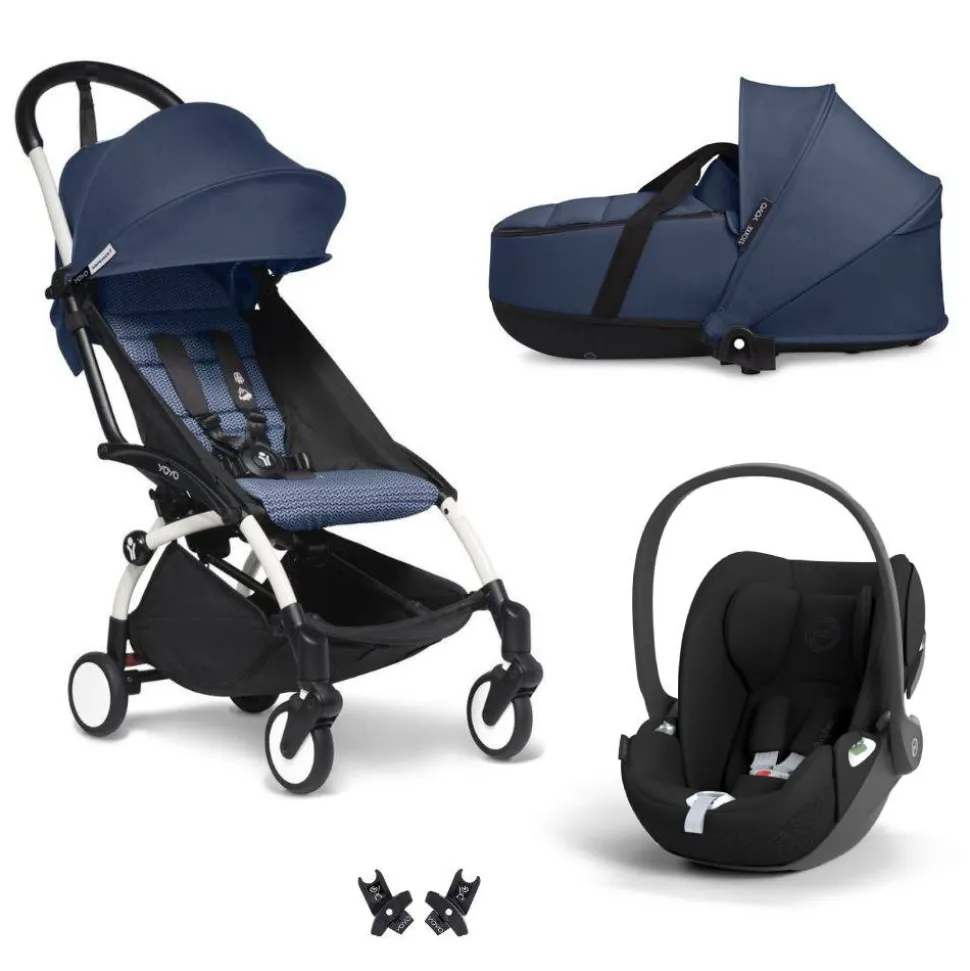 Poussette trio yoyo 3 + siège auto cloud t black + nacelle - châssis blanc - bleu air france