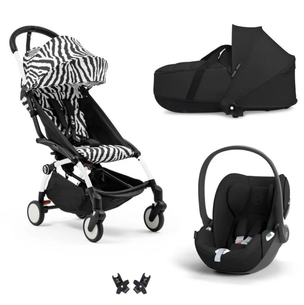 Poussette trio yoyo 3 + siège auto cloud t black + nacelle - châssis blanc - zebra / noir