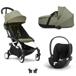 Poussette trio yoyo 3 + siège auto cloud t black + nacelle - châssis blanc - olive