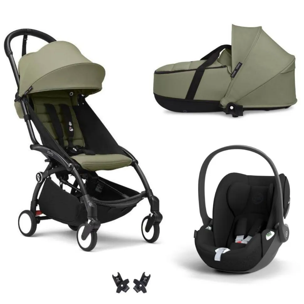 Poussette trio yoyo 3 + siège auto cloud t black + nacelle - châssis noir - olive