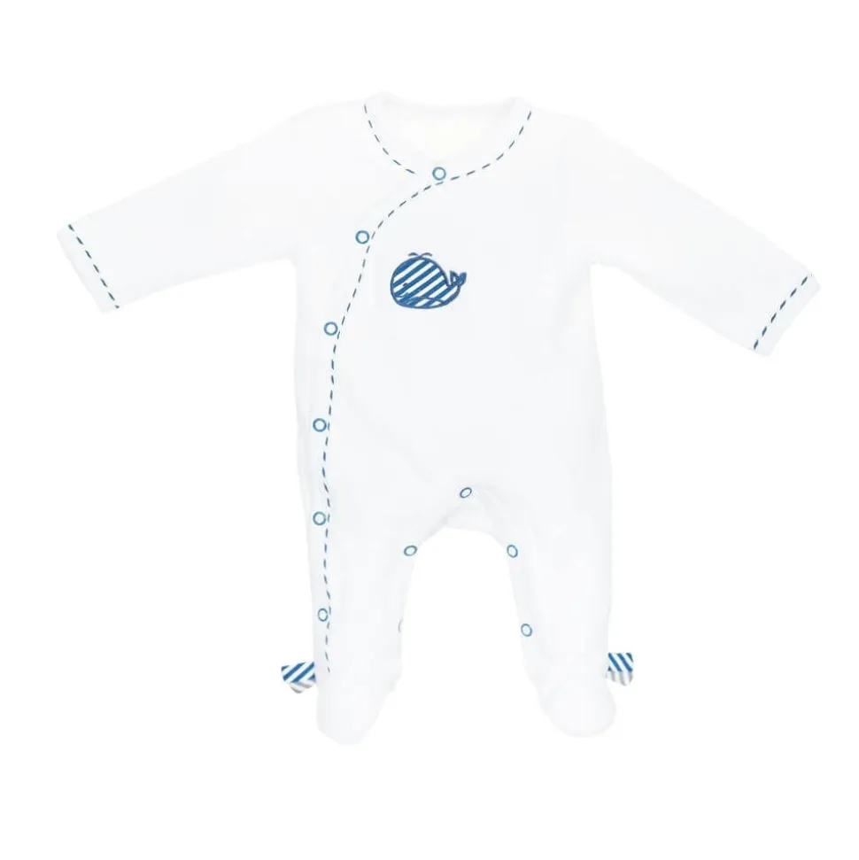 Pyjama bébé velours blanc blue baleine naissance ouverture côté