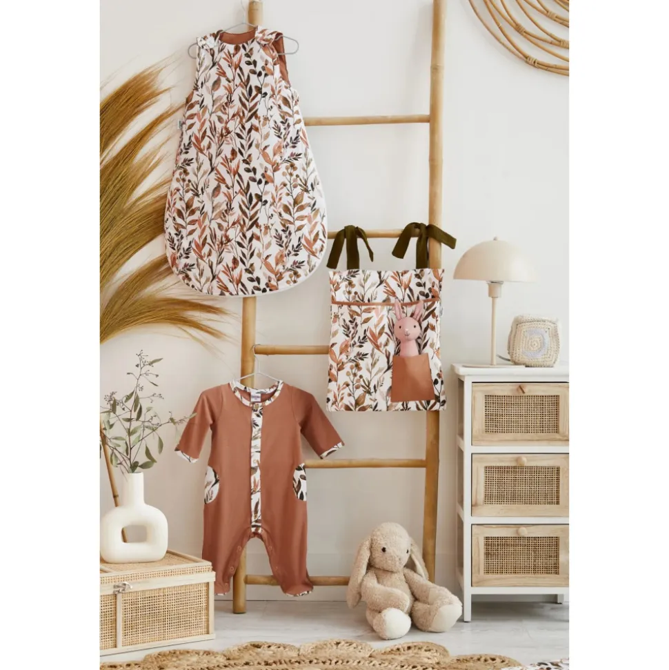 Pyjama hiver en maille bouclette cassonade / imprimé feuillages - 1 mois