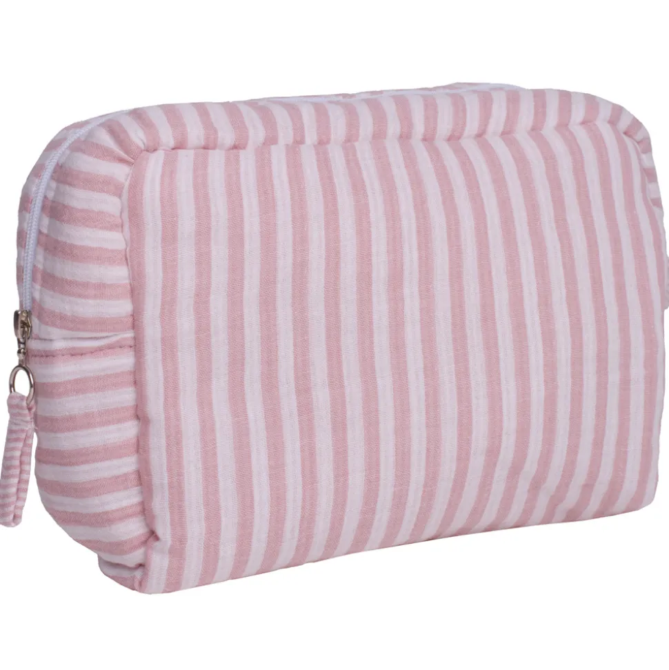 Trousse de toilette gaze de coton rayé vieux rose