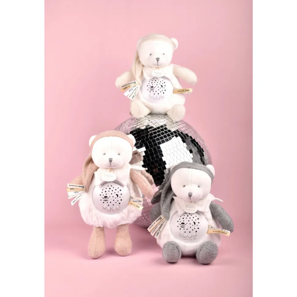 Veilleuse peluche musicale à projection d'étoiles ours gris