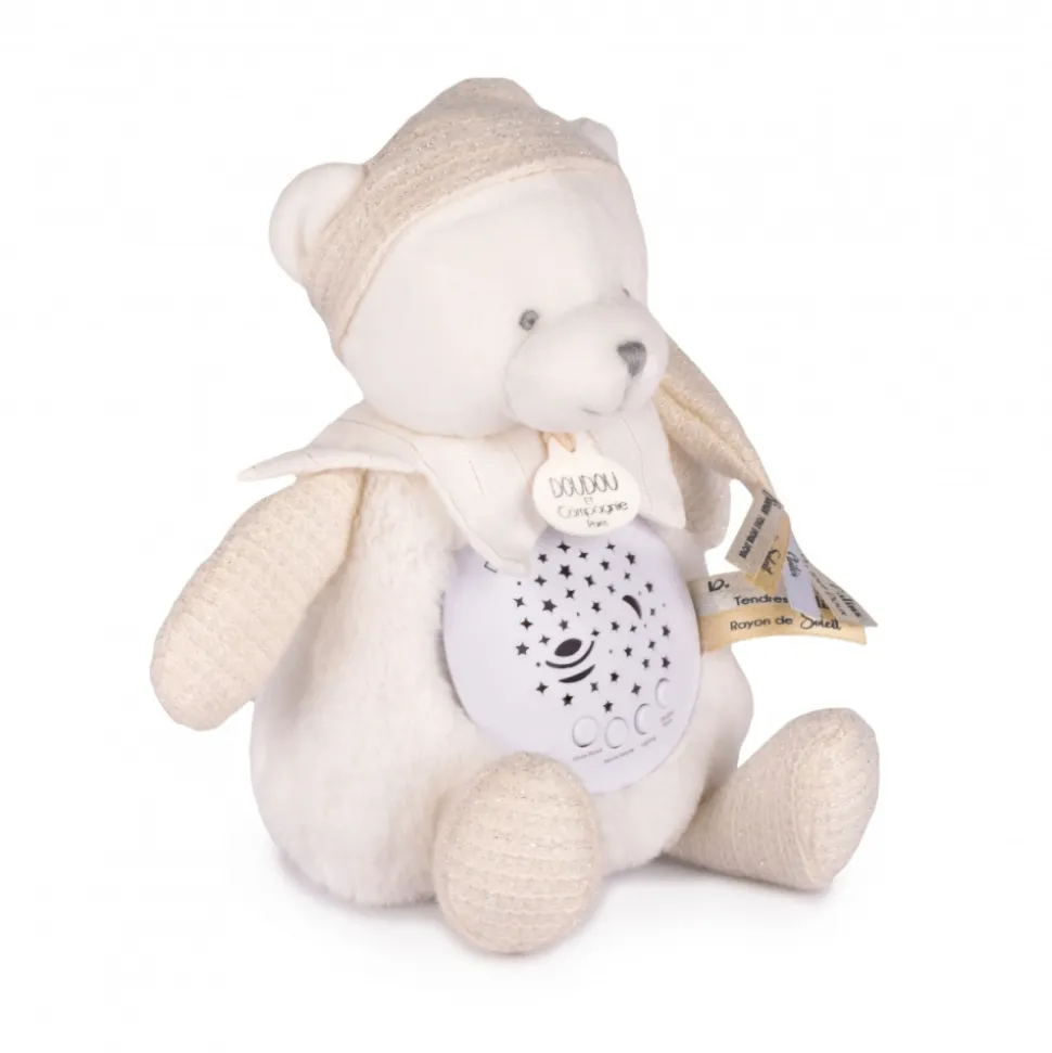 Veilleuse peluche musicale à projection d'étoiles ours blanc